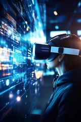 A person wearing AR glasses navigates the virtual world, embodying the concept of technology
