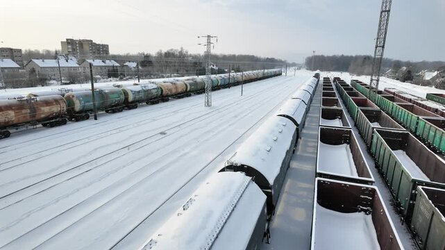 Drone video showcasing an expansive, snow-cloaked train yard with various freight cars under a clear winter sky. The serene landscape conveys a sense of stillness.