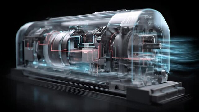 Cutaway view of a complex mechanical device with glowing blue lines