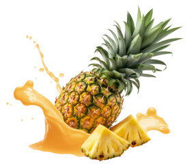 Vibrant Pineapple Juice Splash with Fresh Tropical Fruit Slices on White Background - A Delicious and Healthy Beverage Concept.