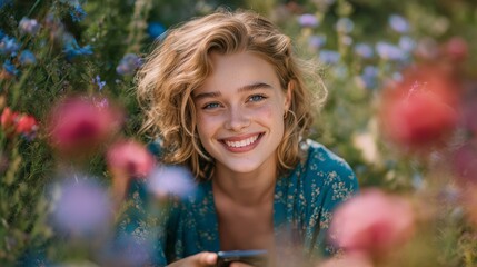 A woman is smiling and laying in a field of flowers