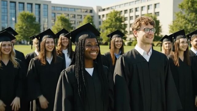 Group of diverse graduates smiling in caps and gowns during ceremony