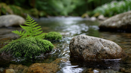 Tranquil forest stream with moss-covered rocks and green fern