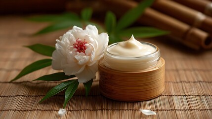 A serene still life featuring a pink rose, herbal soap, and aromatherapy candles with a rolled towel and cosmetic cream on a table for a healthy beauty massage treatment