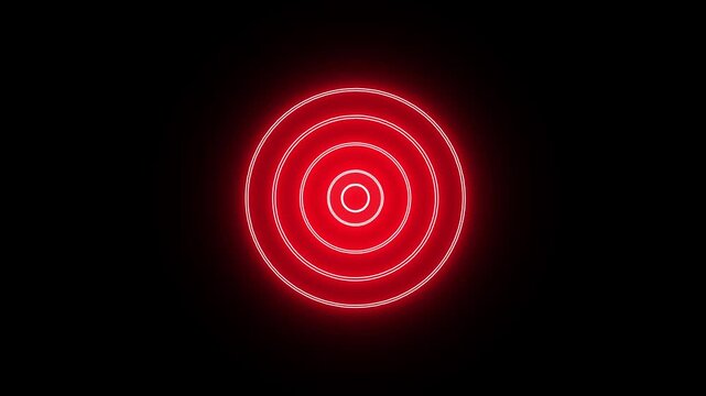 A single glowing red concentric circle with a central dot on a black background abstract bright