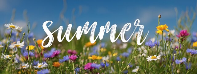 A field of flowers with the word Summer written in cursive