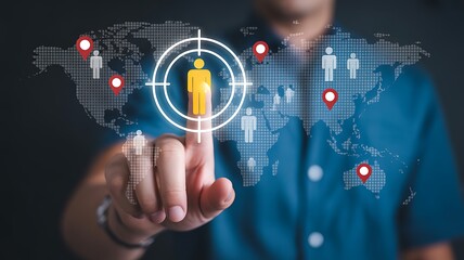 Marketing professional targeting specific audience demographics on a world map digital interface.