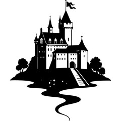 Ancient medieval Citadel with spires and a flag. Engraving minimalistic vector in black ink drawing on transparent background