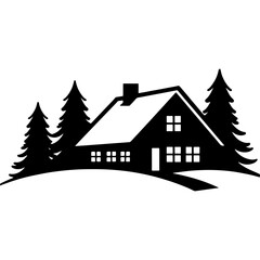 Cozy resort cottage on the edge of the forest. Engraving minimalistic vector in black ink drawing on transparent background