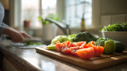 A close-up view of chopped vegetables on a kitchen counter.