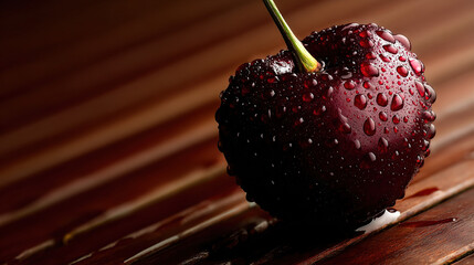A single cherry glistens with water droplets on a wooden surface, captured in striking detail.

