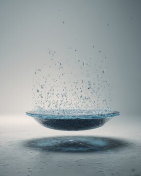 A levitating pool of water suspended in mid-air, frozen droplets gently drifting away, emotional stillness and pause concept