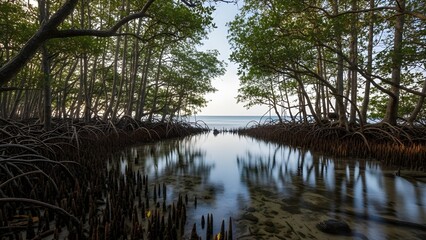 Obraz premium A tranquil waterway running through a mangrove forest, with tree roots lining the banks and calm water reflecting the surrounding greenery.