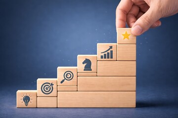 Success building concept with hand stacking wooden blocks step by step, and progress icons, representing achievement, planning, strategy, and long-term development on dark blue background.