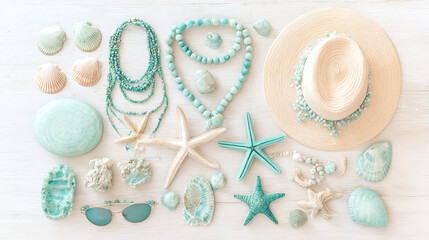 Tropical beach accessories artistically arranged, featuring starfish and seashells on sand.
