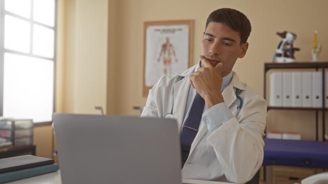 Man doctor with stethoscope holds chin on hand while reviewing medical data on laptop in hospital building; contemplation.