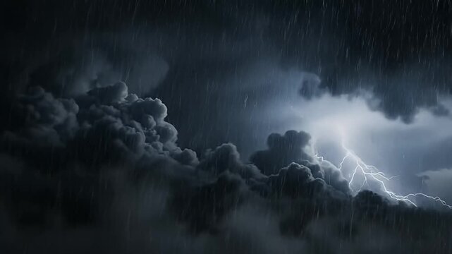 Heavy Rain and Dark Storm Clouds with Lightning Flashes During a Thunderstorm.