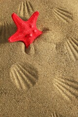 Vibrant Red Starfish on Golden Sandy Beach with Seashell Pattern and Copy Space, for Summer Vacation