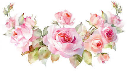 Delicate watercolor floral wreath featuring pink roses, painted with soft brush strokes on white.
