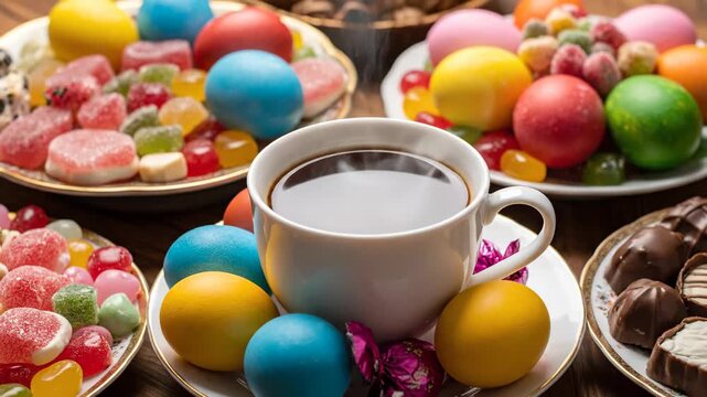 Easter eggs with coffee  sweets on wooden table Festive food.