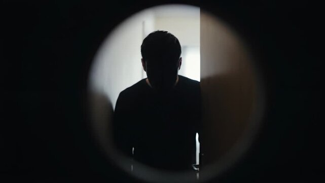 Suspicious person viewed through peephole in dark hallway