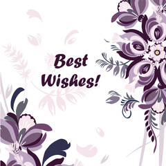 Greeting card - With best wishes. Beautiful stylized floral ornament. Floral rhythmic pattern. Vintage botanical composition of fantastic plant elements.