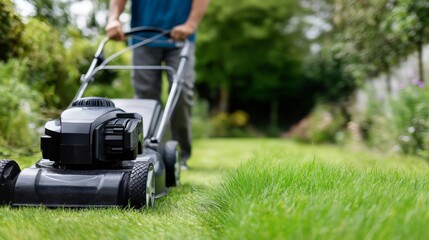 A man is cutting the grass with a lawn mower