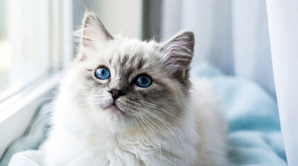 Cute white fluffy Ragdoll kitten with blue eyes looking up near window in soft light, Generative AI.