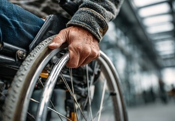 Naklejka premium Close-up of a hand gripping the wheel of a wheelchair, showcasing the strength and determination of an individual navigating through a modern urban environment with accessibility