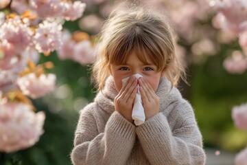 A young girl is blowing her nose with a tissue