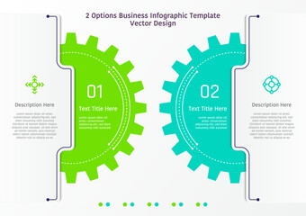 2 options business infographic template, theme of two big gears at left and right, also with text frames at each side