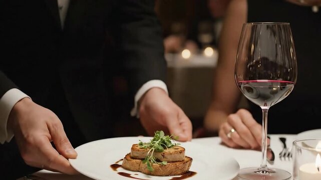 Elegant waiter serving seared foie gras on plate in restaurant setting