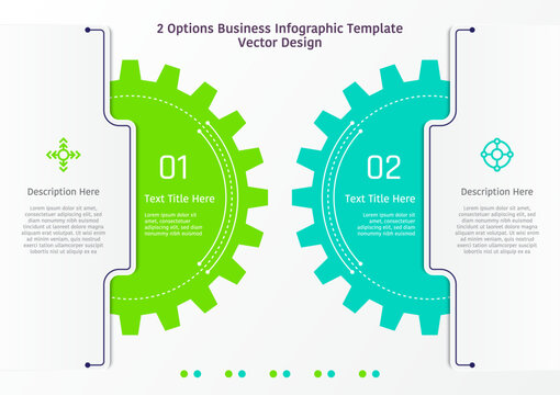 2 options business infographic template, theme of two big gears at left and right, also with text frames at each side