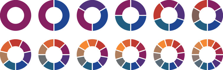 Obraz premium Multi colored circular donut charts with varying segment counts for infographics