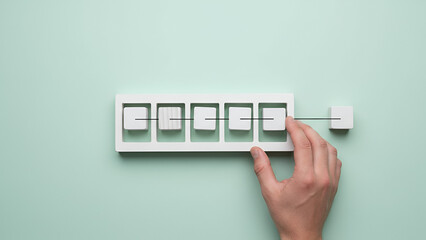 Process toggle switches in sequence — hand adjusting labeled switches for process control concept

