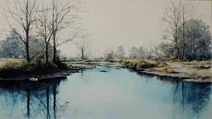 Scenic tranquil river reflection in nature with trees and soft colors