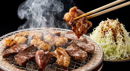 熱々の炭火で焼かれる気仙沼ホルモン、食欲をそそる煙