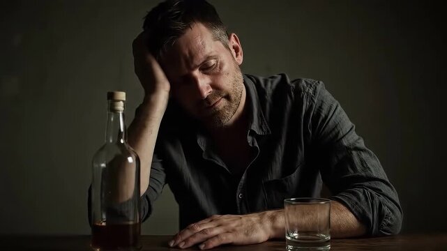 Man looking tired and distressed while sitting at a table with whiskey