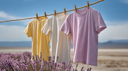 Three shirts hanging on a clothesline in a field with purple flowers