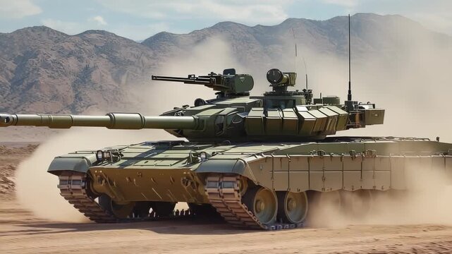 Modern Main Battle Tank Advances Through Desert Terrain, Demonstrating Military Power and Technological Advancement.
