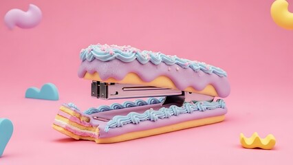 A whimsical stapler decorated with pastel purple and blue frosting and sprinkles, resembling a sweet dessert on a pink background.