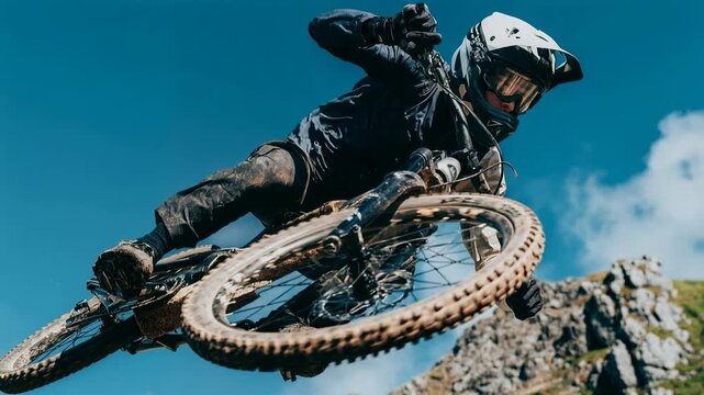 Mountain biker performing dynamic jump over rocky trail capturing extreme sport adrenaline freedom outdoor adventure courage and action packed downhill cycling moment