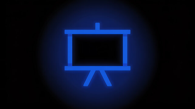A glowing neon blue illustration depicts an artist s easel with a dark rectangular canvas in a black background - Powered by Adobe