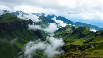 Fototapeta premium Dramatic volcanic peaks of Madeira shrouded in mist, with lush green slopes and winding paths under an expansive sky, island, valley