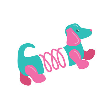 Spring Dog Toy Illustration in Flat Vector Style, Cute Retro Childhood Toy with Bright Pastel Colors