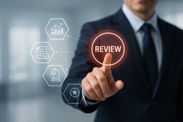 Fototapeta premium Strategic Insight: A smartly dressed individual engages with a digital interface, symbolizing the art of analyzing and evaluating, crucial aspects of effective decision-making and strategic planning.