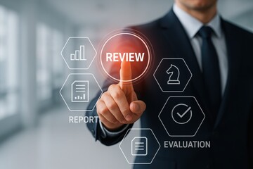 Obraz premium Business Review: A professional, hand engaged, in a digital interface, activating 'Review' and associated data analysis tools, signifying a thorough assessment of data and its impacts.