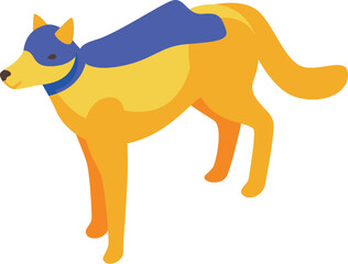 Yellow dog wearing a blue cape and mask, representing a superhero pet concept, in isometric view