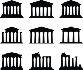 Naklejka premium Ancient Greek temple silhouettes collection, classical columns architecture icons, historical ruins illustration set, isolated black shapes on white background design