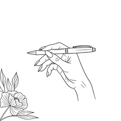 Icon of a beautiful female hand holding a ballpoint pen next to a flower, representing concepts of creativity and expression